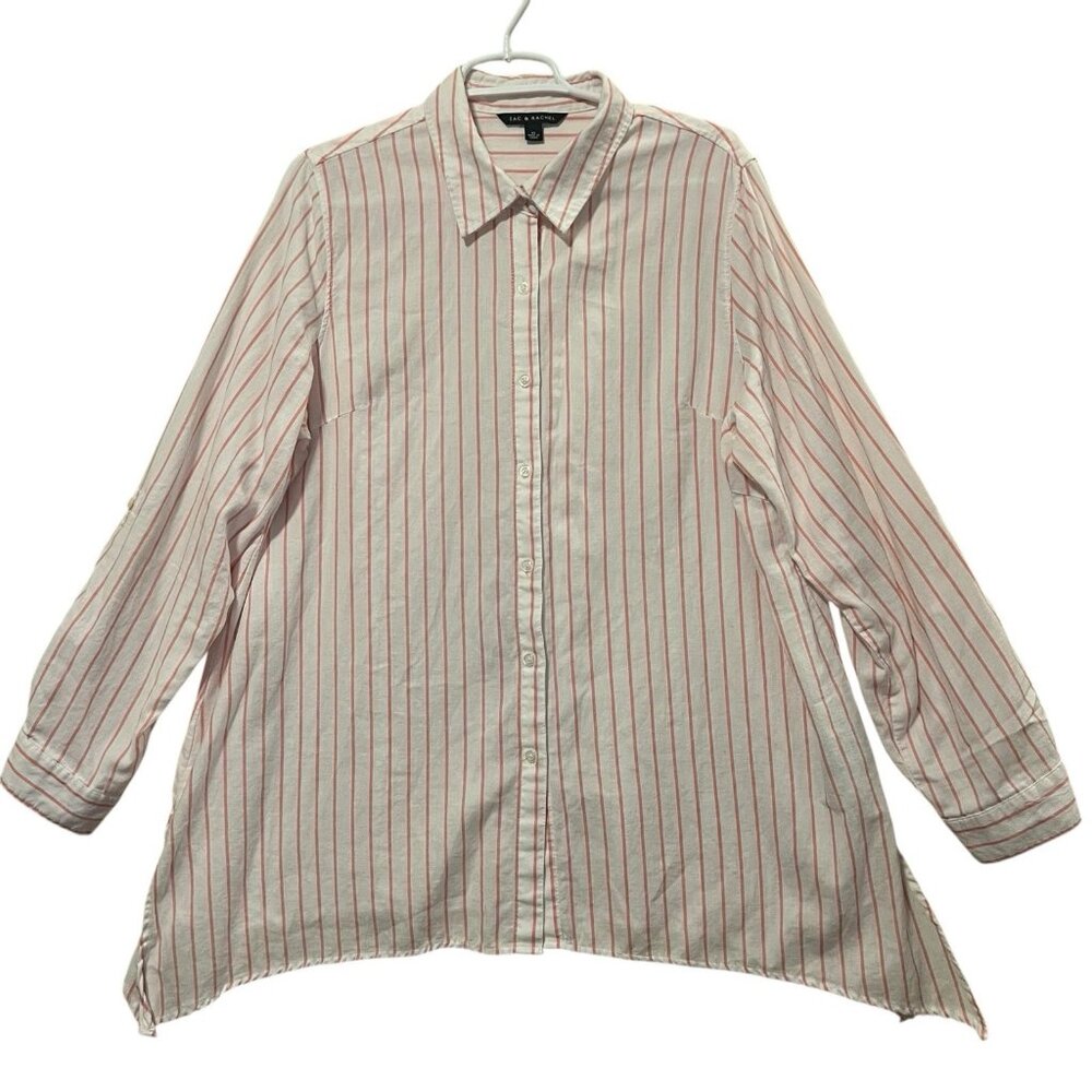 Zac & Rachel Button Shirt Size XL Pink Striped Roll Tab Sleeves Shark Bite Hem